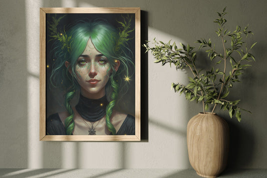 Witch Art Digital Print - Cute Green Witch Watercolor Printable Wall Art
