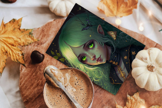 Witch Art Digital Print - Cute Green Witch Illustration Watercolor Painting Instant Download