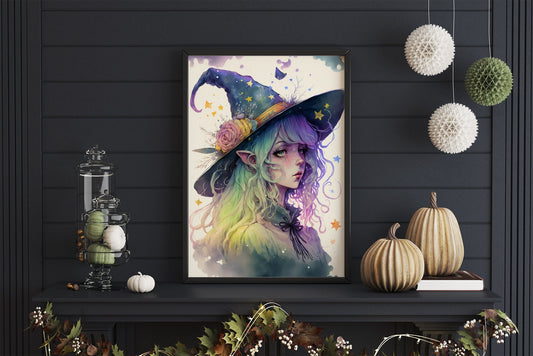 Witch Art Cute Witch Watercolor Print - Cottagecore Digital Print Instant Download