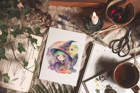 Cute Witch Art Watercolor Print - Cottagecore Artwork Instant Download