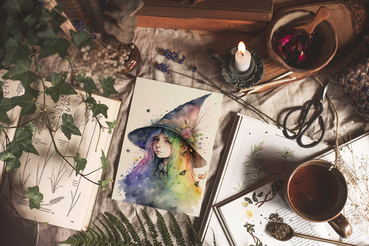 Witch Art Cute Witch Watercolor Print - Cottagecore Art Rainbow Digital Printable