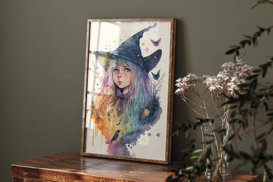 Witch Art Cute Witch Watercolor Print - Cottagecore Digital Printable Wall Art