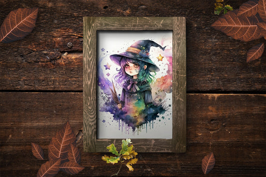 Witch Art Cute Witch Watercolor Print - Cottagecore Digital Printable Download