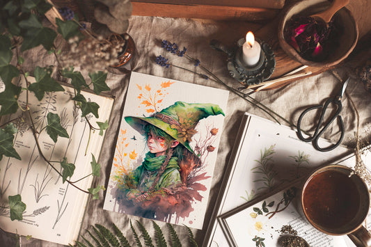 Witch Art - Cute Witch Drawing Printable Digital Print With Cottagecore Art Style