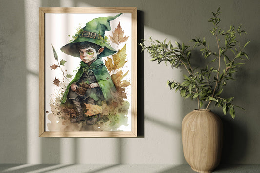 Witch Art Cute Witch Watercolor Print – Cottagecore Pixie Art Digital Download