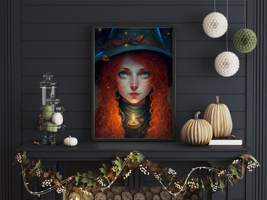 Witch Art Digital Print - Cute Redhead Green Witch Illustration, Instant Download