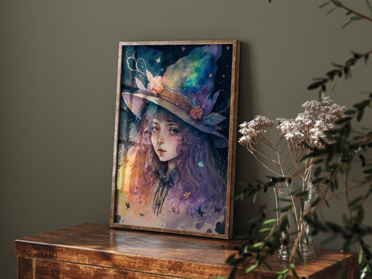 Witch Art Cute Witch Illustration - Watercolor Printable Art Rainbow Design