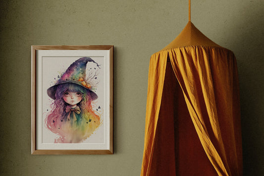Cute Witch Art - Watercolor Cottagecore Print, Instant Download Digital Wall Art